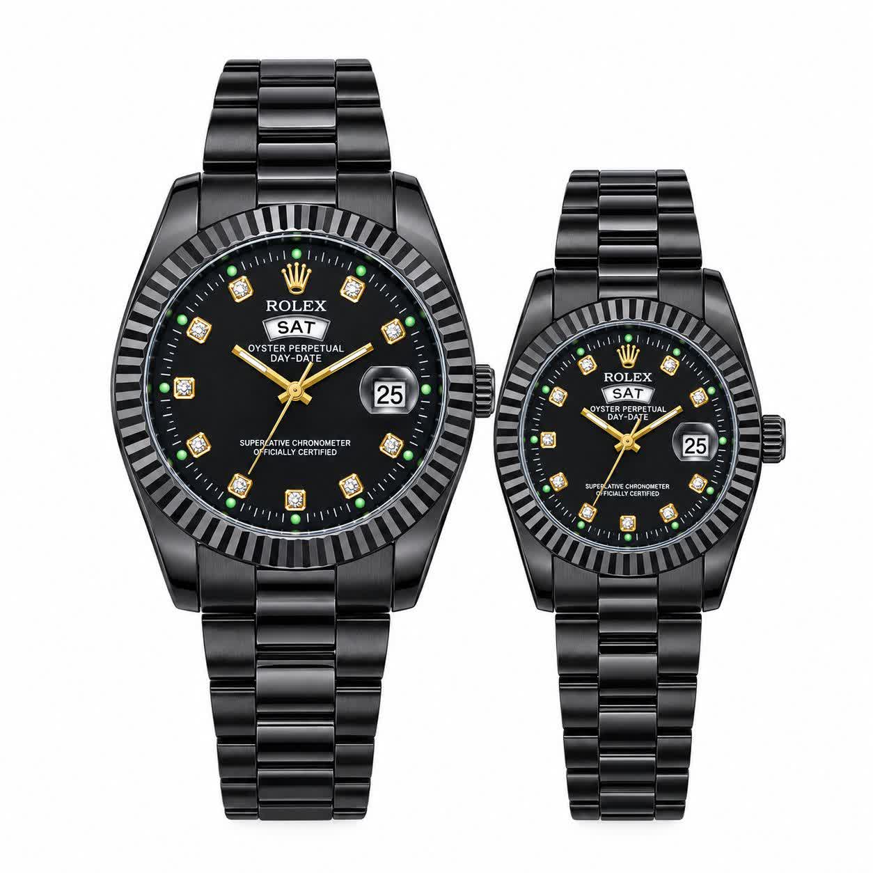 ست ساعت مچی زنانه و مردانه رولکس ROLEX فول بلک دو تقویمه
