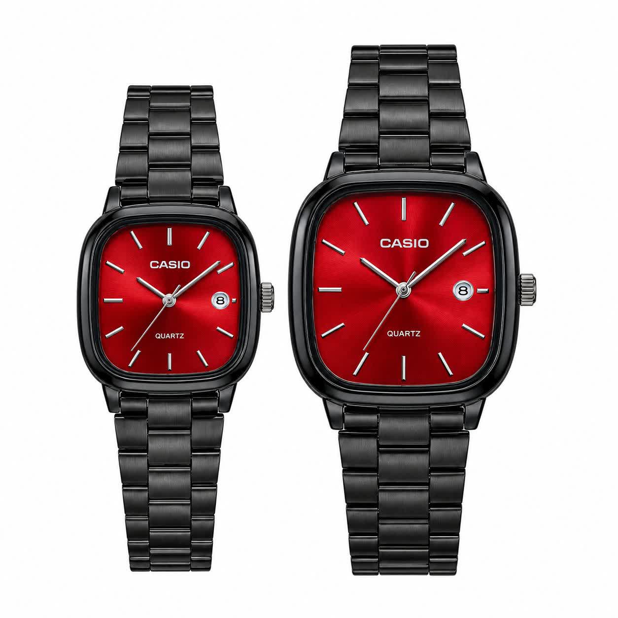ست ساعت مچی زنانه و مردانه کاسیو اولدمانی CASIO موتور ژاپنی مشکی سرخ + جعبه