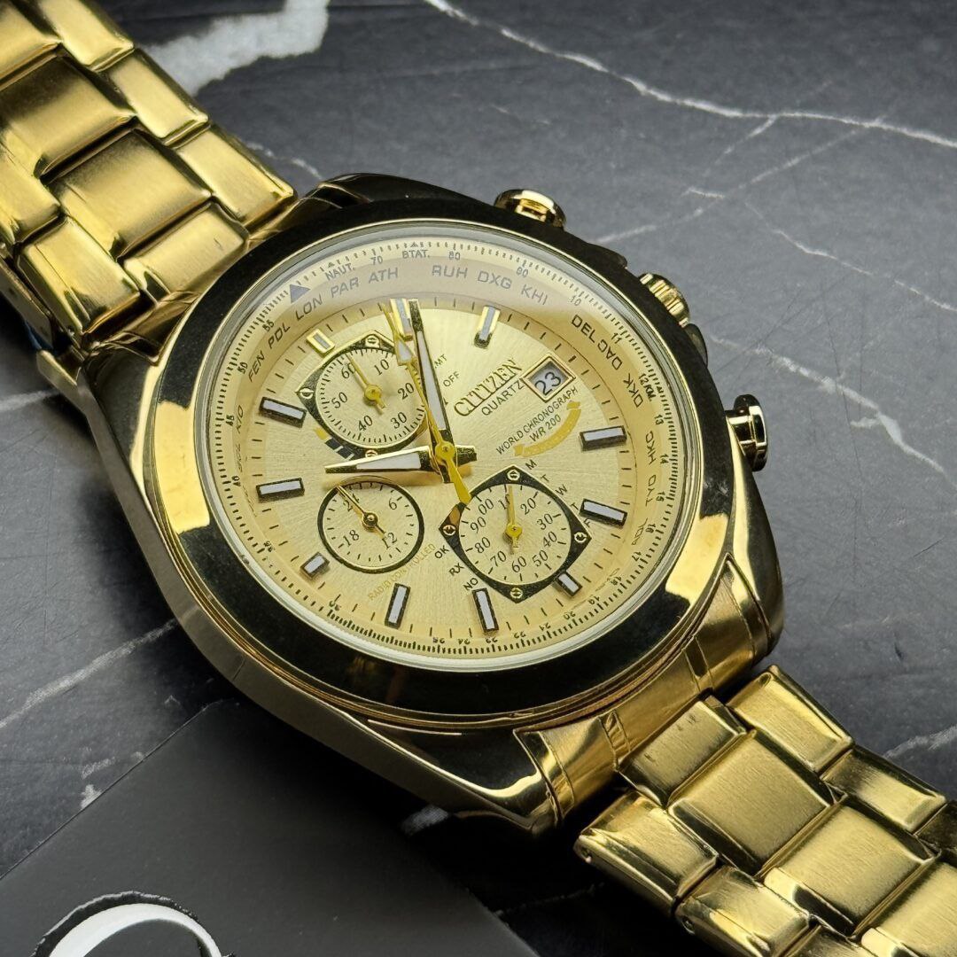 ساعت مچي مردانه کرنوگراف برند سيتيزن CITEZEN مدل 3310 سه موتوره طلايي