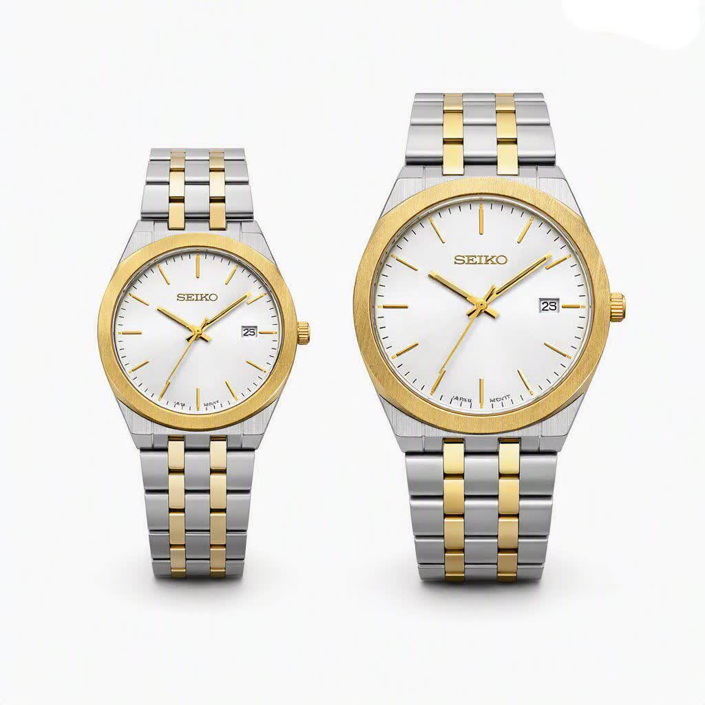 ست ساعت مچی مردانه و زنانه سيکو SEIKO موتور ژاپن رگه طلايی با اصالت