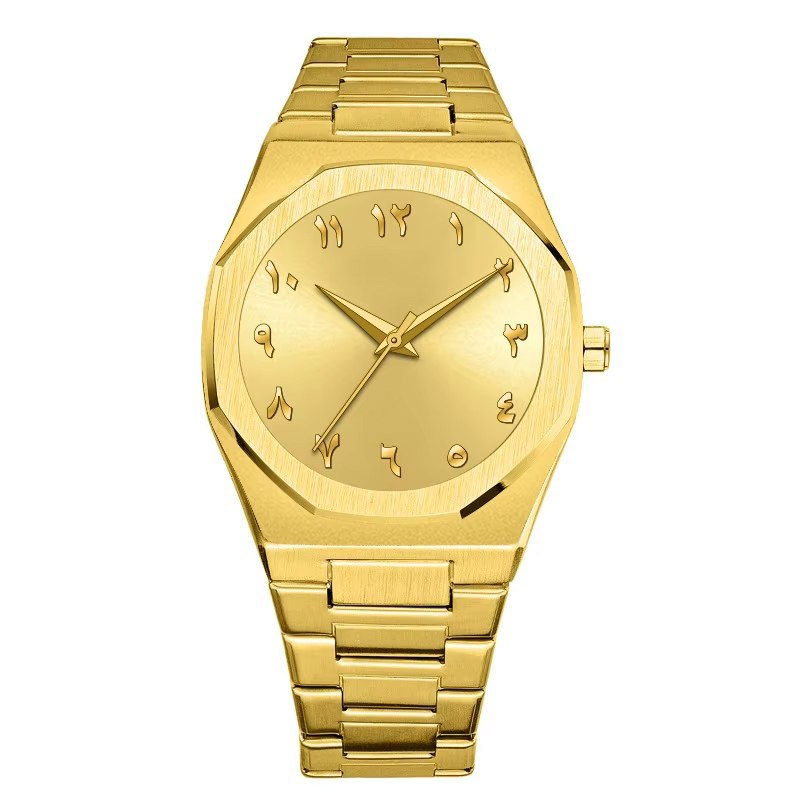 ساعت مچی مردانه اعداد فارسی بند کربنی جعبه دار طلایی