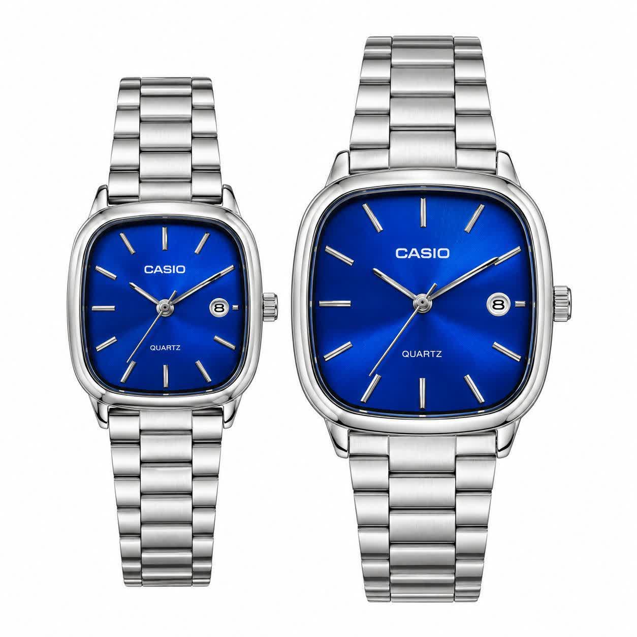 ست ساعت مچی زنانه و مردانه کاسیو اولدمانی CASIO موتور ژاپنی صفحه آبی + جعبه