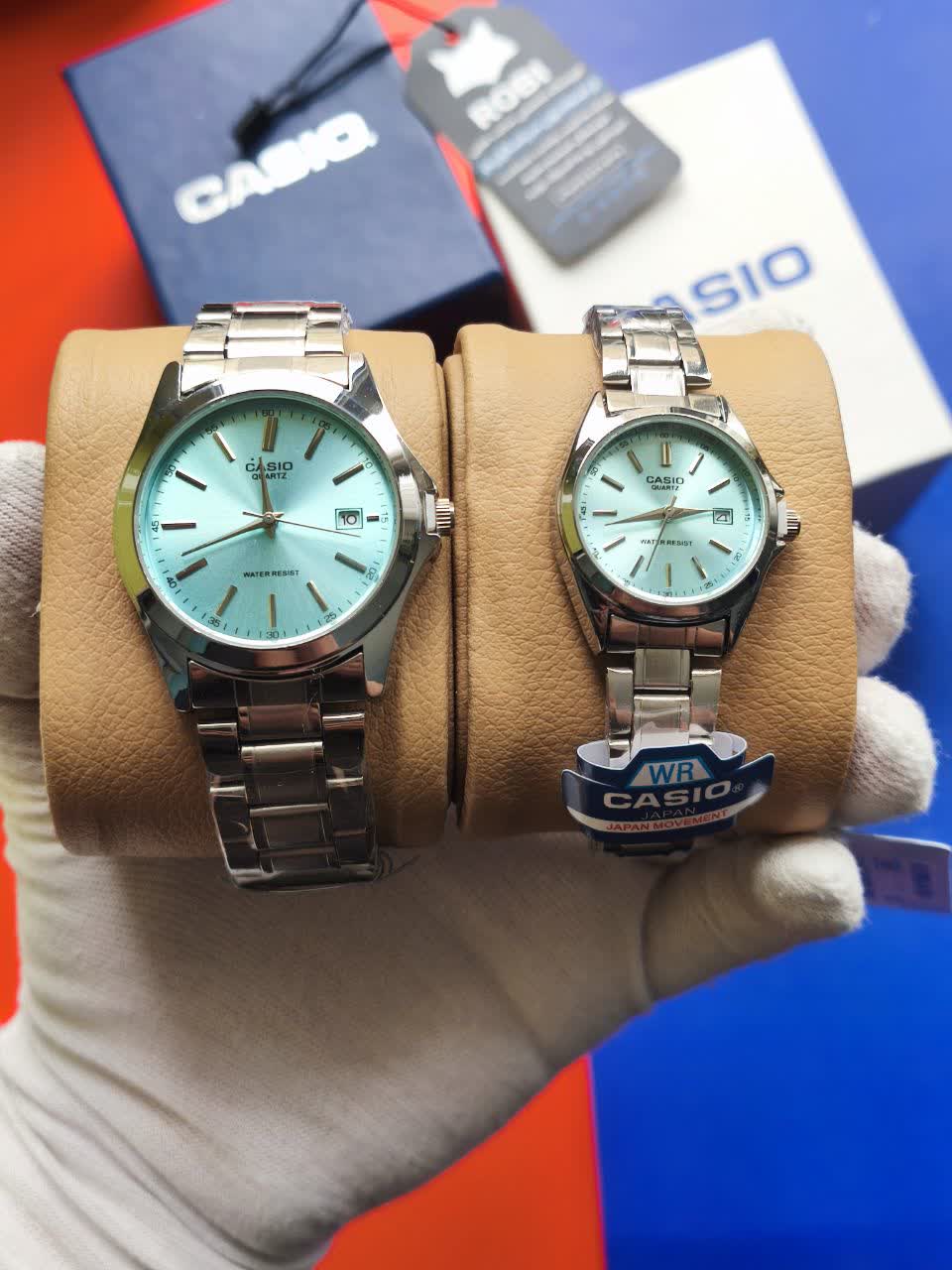 ست ساعت مچی زنانه و مردانه کاسيو CASIO موتور ژاپنی صفحه فيروزه ای