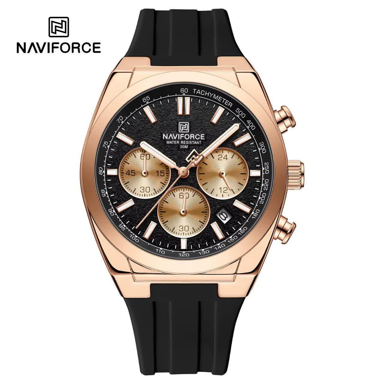 ساعت مچی نیوی فورس مردانه کرنوگراف NAVIFORCE مدل NF8080 مشکی طلایی  + گارانتی