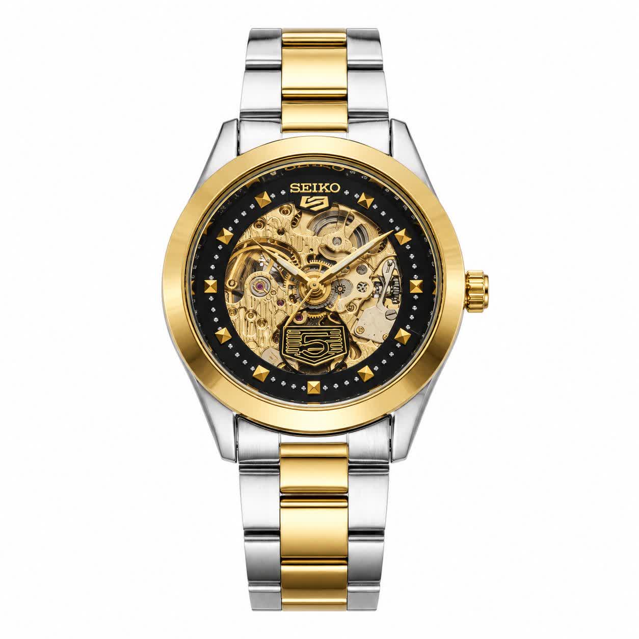 ساعت مچی اتوماتیک مردانه سیکو پنج 5 SEIKO نقره ای طلایی صفحه مشکی
