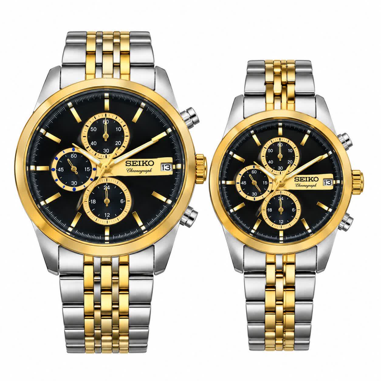 ست ساعت مچی مردانه و زنانه سیکو SEIKO موتور ژاپن صفحه مشکی