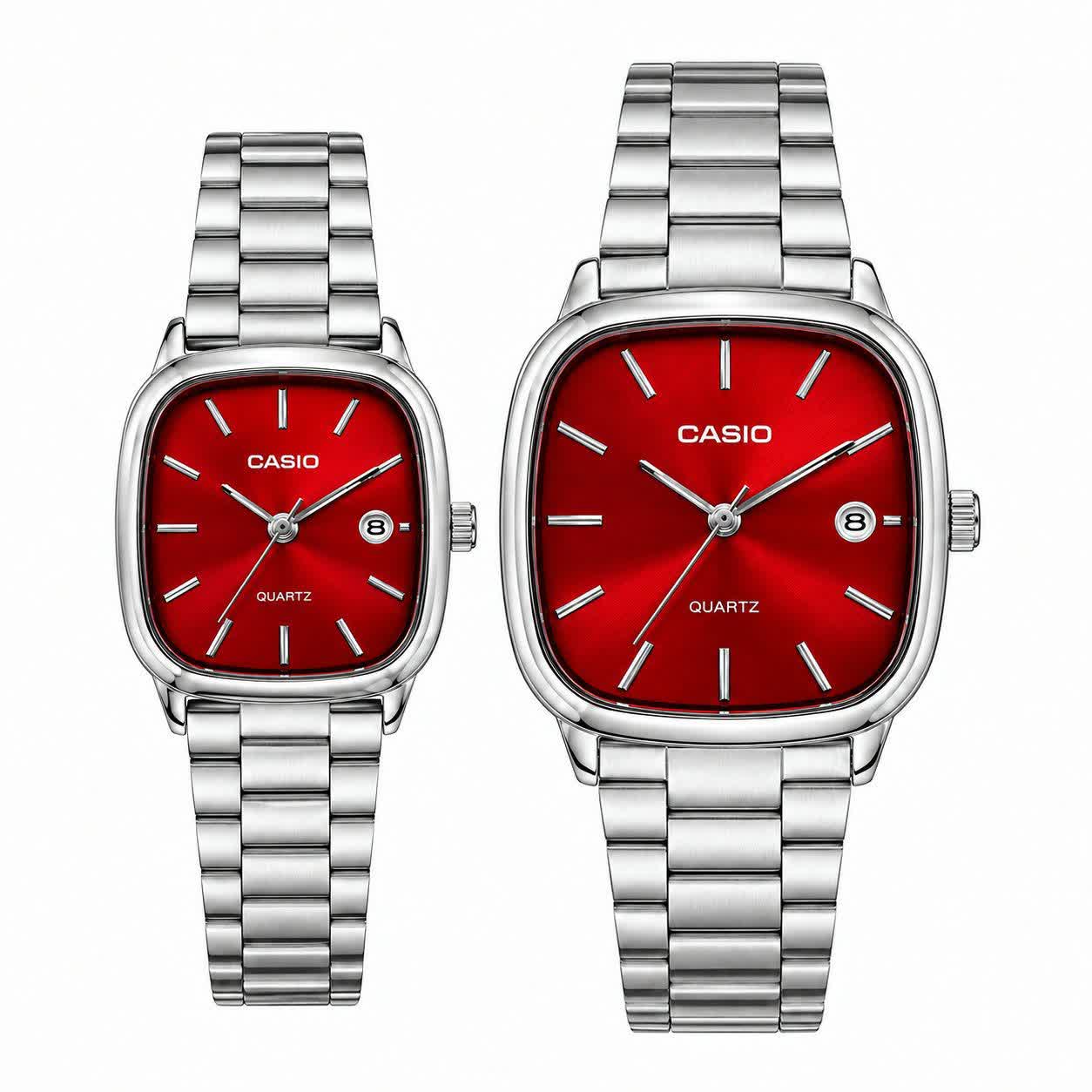 ست ساعت مچی زنانه و مردانه کاسیو اولدمانی CASIO موتور ژاپنی صفحه قرمز + جعبه