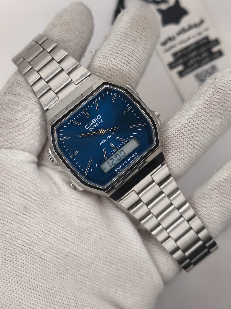 ساعت مچي کاسيو دو زمانه نوستالژي صفحه آبي موتور ژاپن
