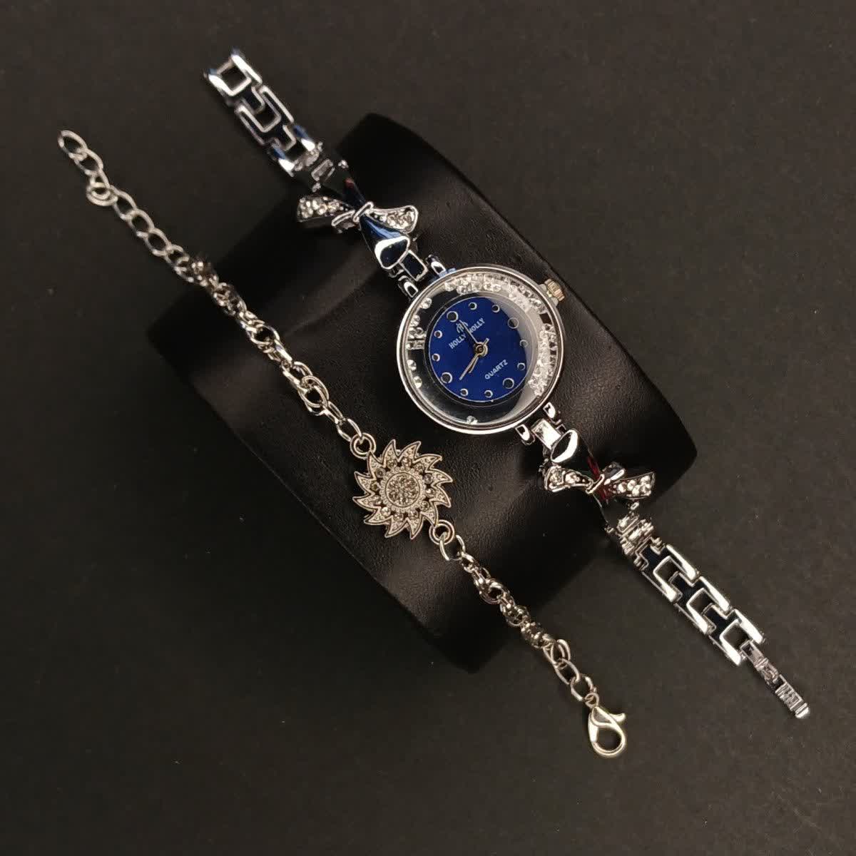 ست ساعت و دستبند دخترانه نگيني برند هولي مولي صفحه آبي