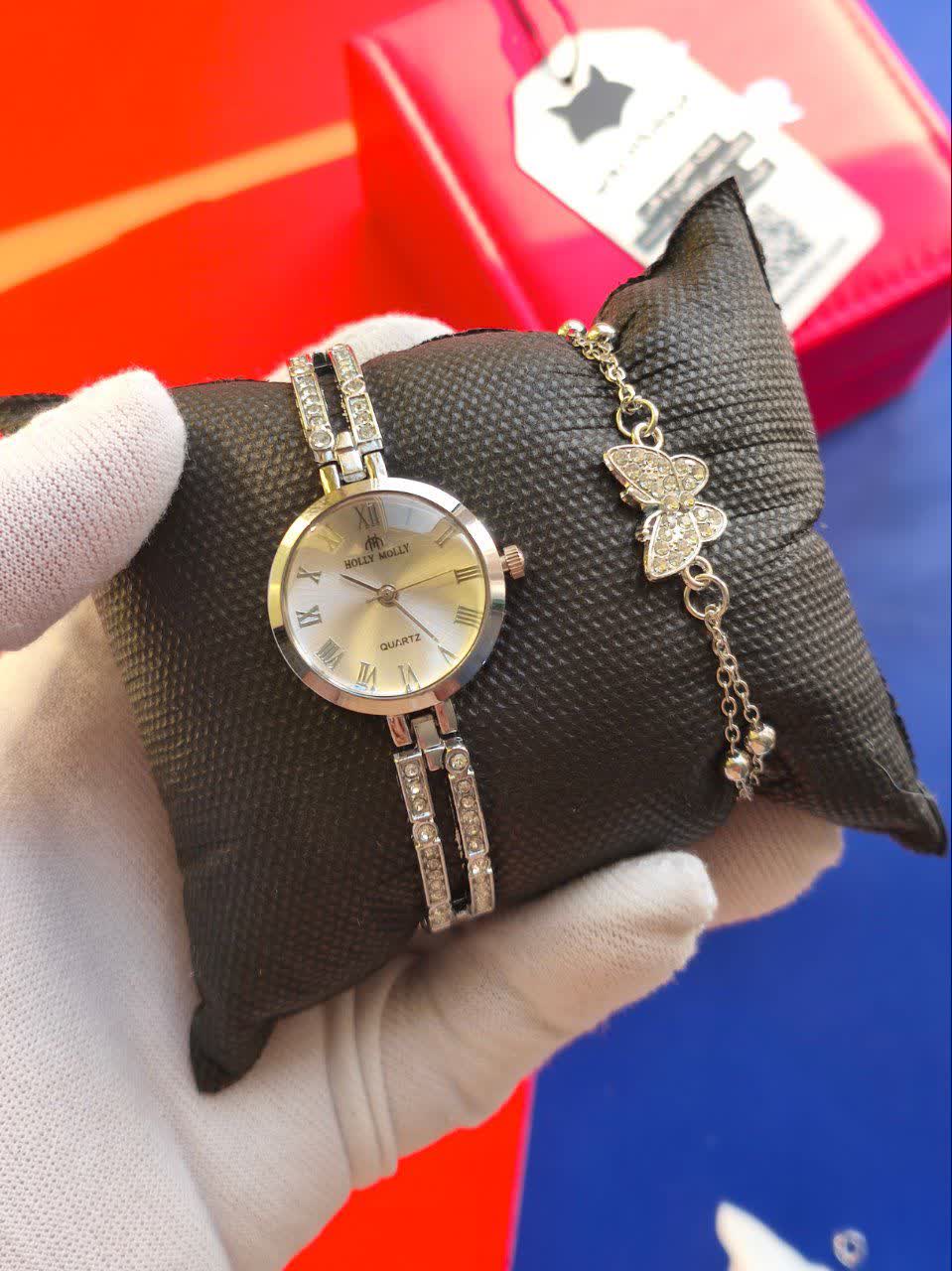 ست ساعت و دستبند دخترانه نگيني برند هولي مولي پروانه