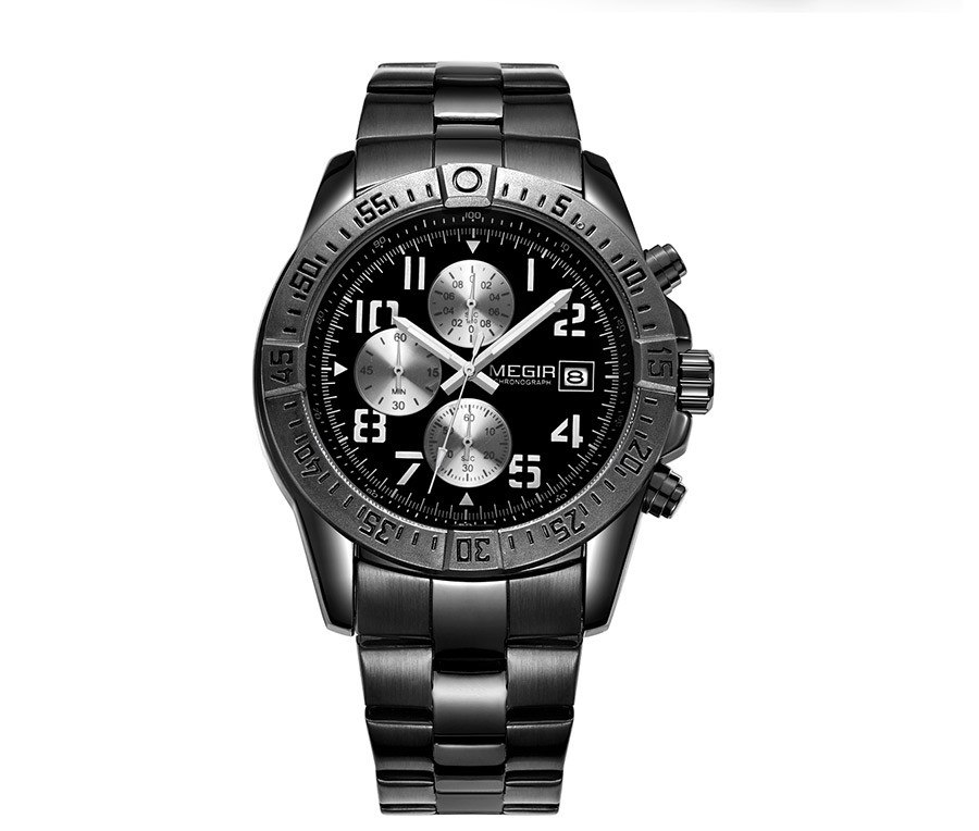 ساعت مچی کرنوگراف سه موتوره مردانه مگیر Megir مدل MN2086GBK-1 بند استیل