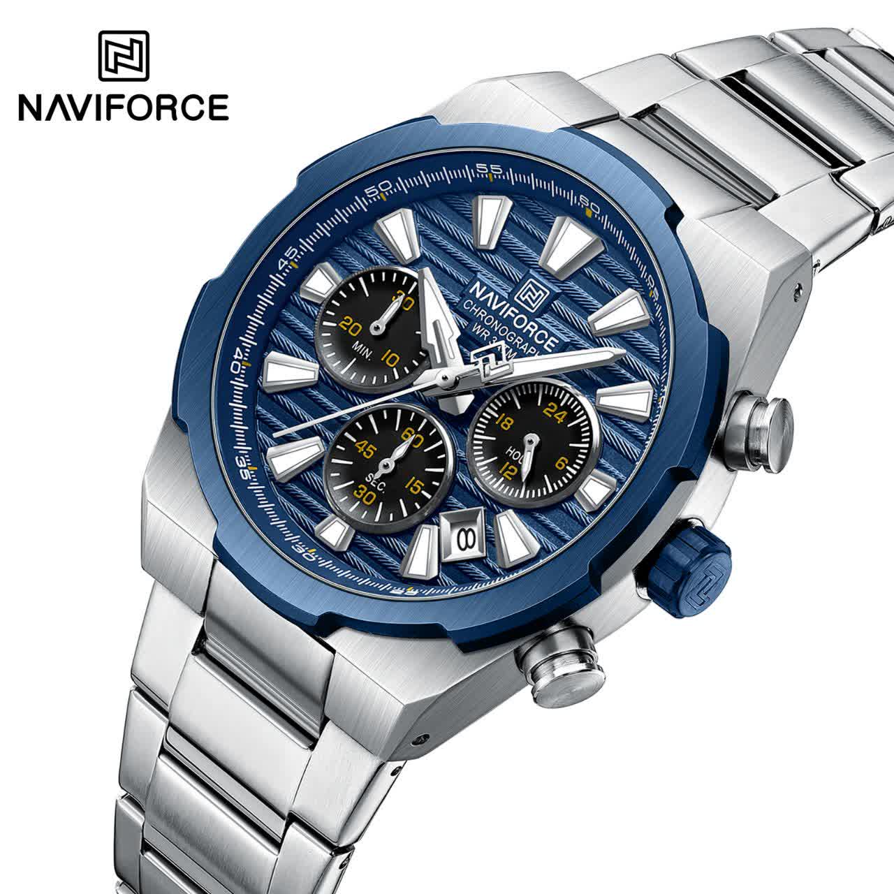 ساعت مچی نیوی فورس مردانه کرنوگراف NAVIFORCE مدل NF8081 نقره ای سرمه ای + فول