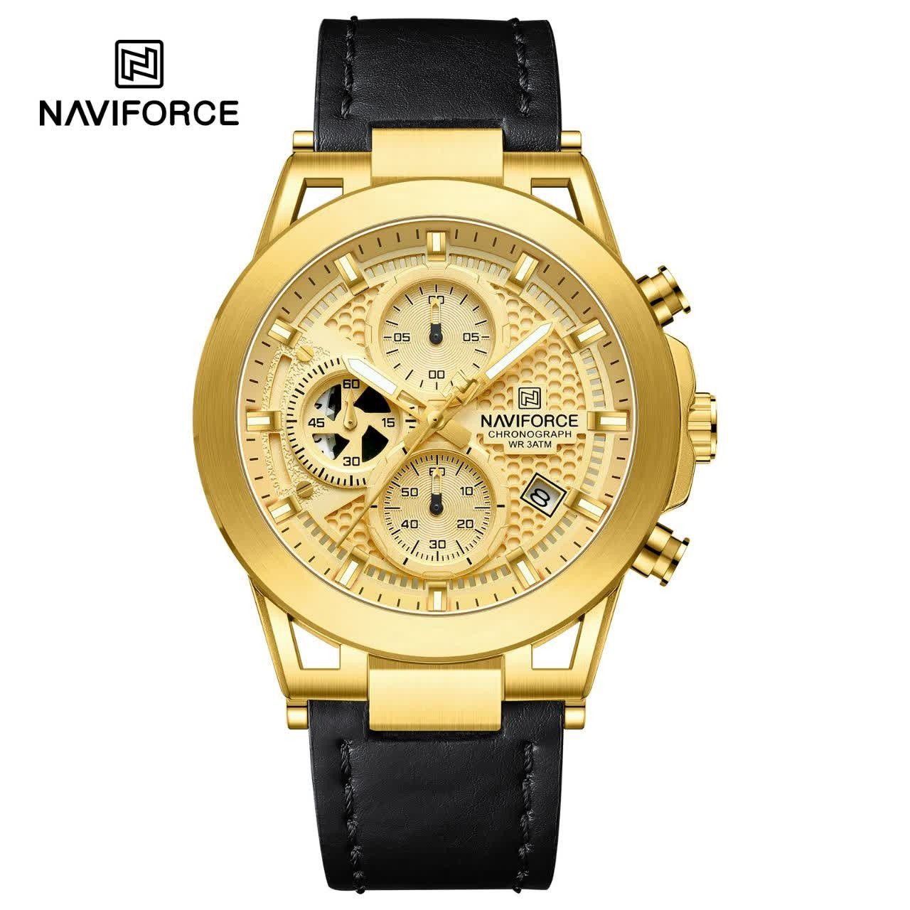 ساعت مچی نیوی فورس مردانه کرنوگراف NAVIFORCE مدل NF8073 صفحه طلایی + فول