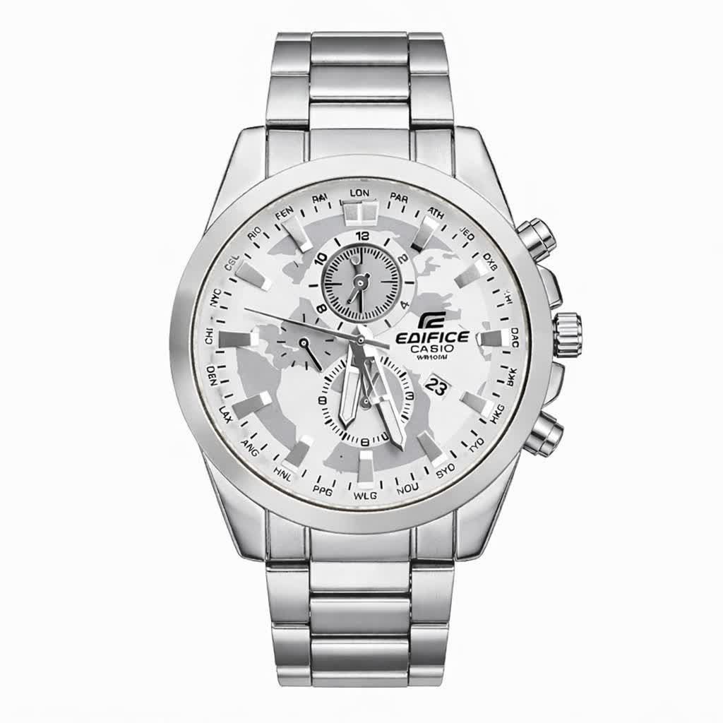 ساعت مچی مردانه کاسيو CASIO EDIFICE موتور ژاپن صفحه سفيد دور نقره ای