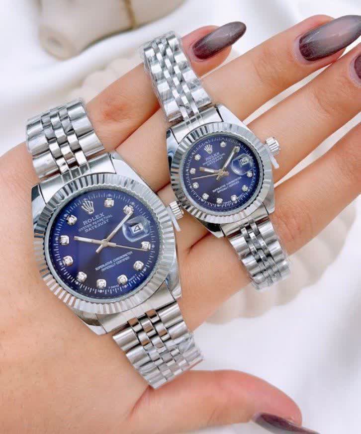 ست ساعت رولکس ديت جاست زنانه و مردانه ROLEX Date just رگه نقره ای آبی