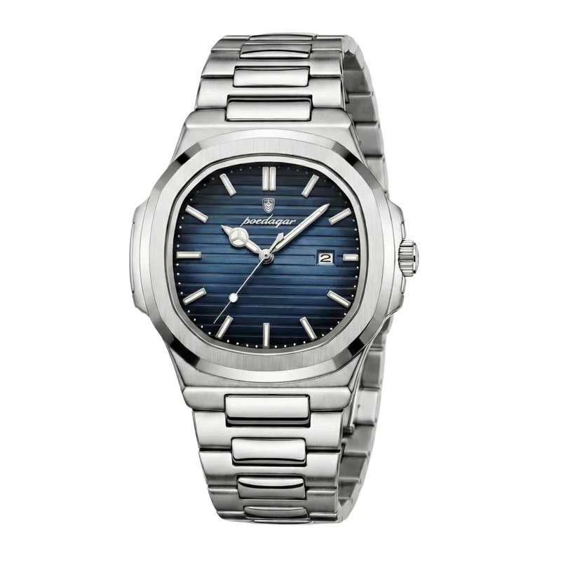 ساعت مچي مردانه پوداگار مربعي خاص poedagar بند استيل صفحه آبي