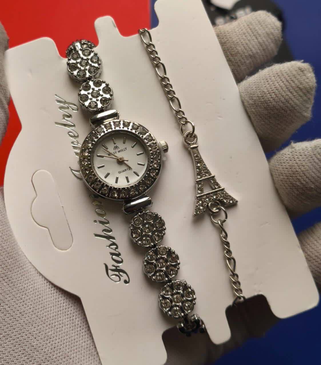 ست ساعت و دستبند دخترانه نگيني برند هولي مولي طرح ايفل