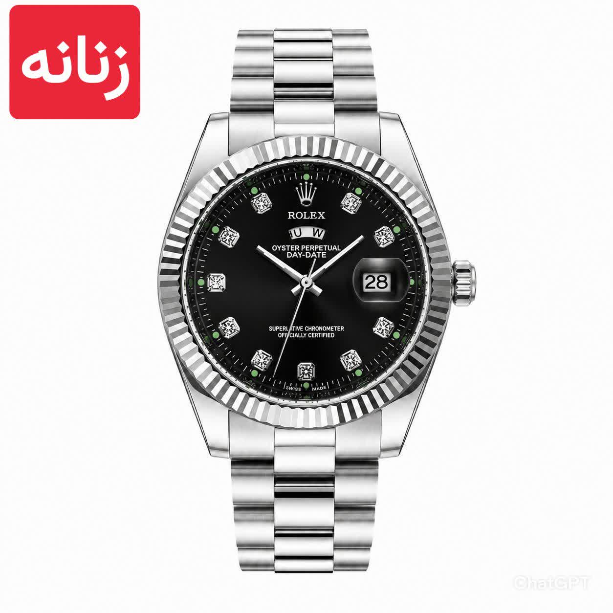 ساعت مچی زنانه رولکس ROLEX دو تقويمه نقره ای مشکی