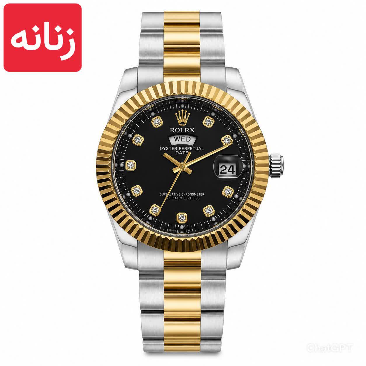 ساعت مچی زنانه رولکس ROLEX دو تقويمه رگه طلايی مشکی
