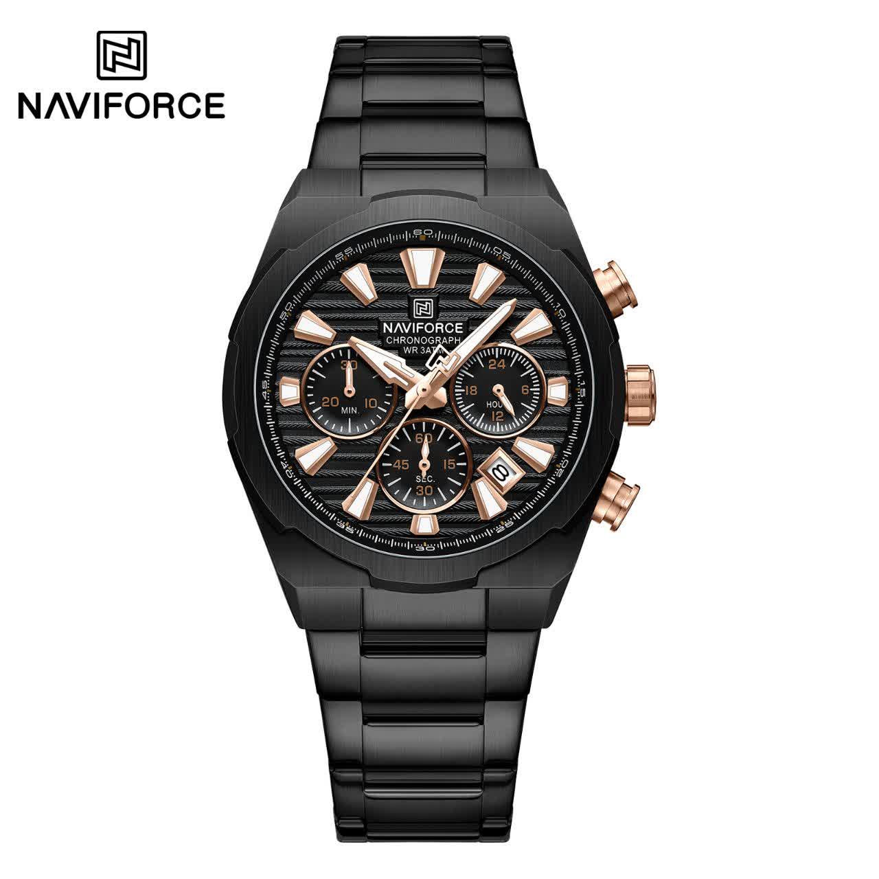 ساعت مچی نیوی فورس مردانه کرنوگراف NAVIFORCE مدل NF8081 مشکی رزگلد + فول