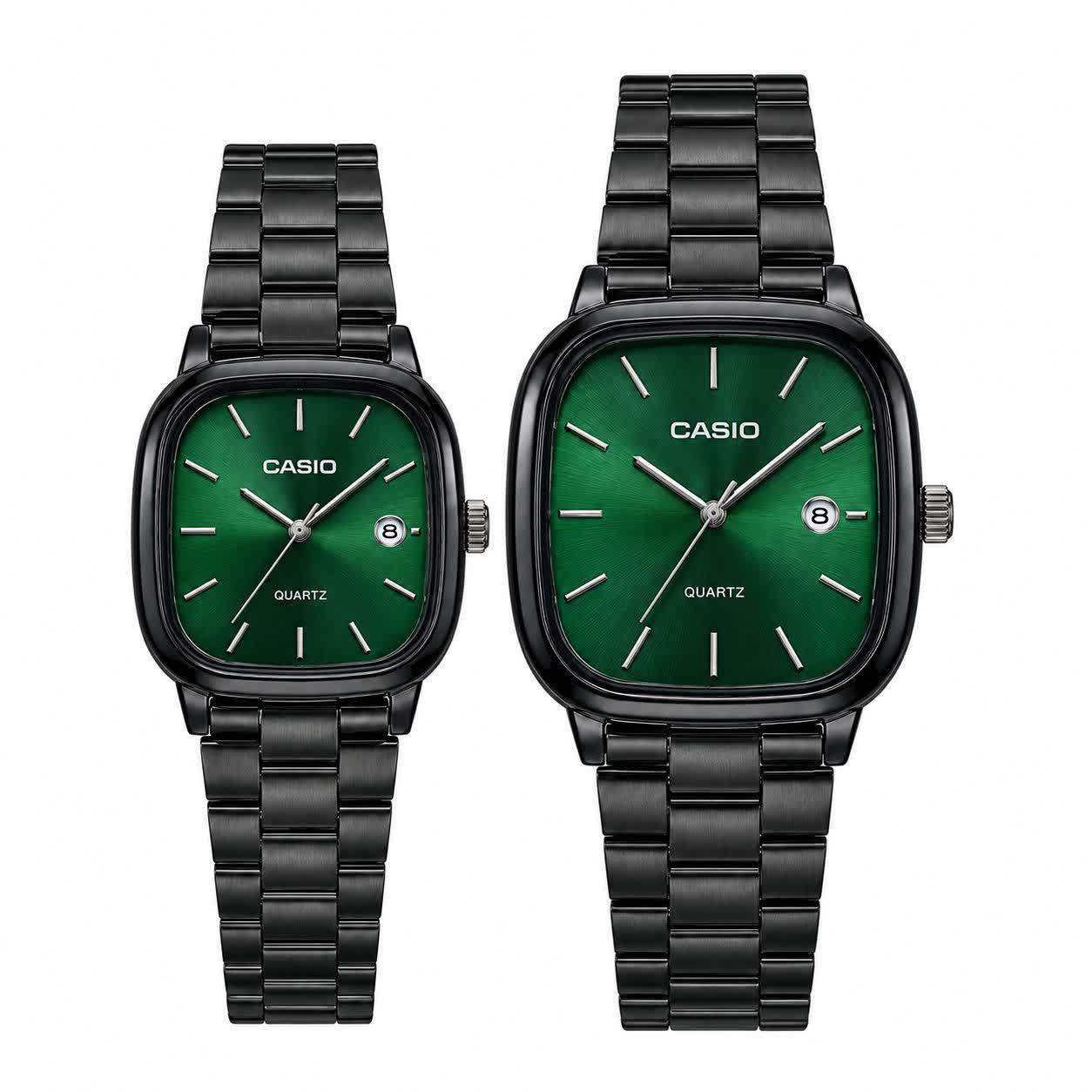 ست ساعت مچی زنانه و مردانه کاسیو اولدمانی CASIO موتور ژاپنی مشکی سبز + جعبه