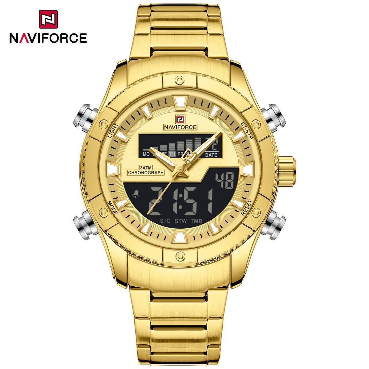 ساعت مچي مردانه عقربه اي  و ديجيتال نيوي فورس NAVIFORCE,مدل Nf9259 موتور ژاپني طلايي