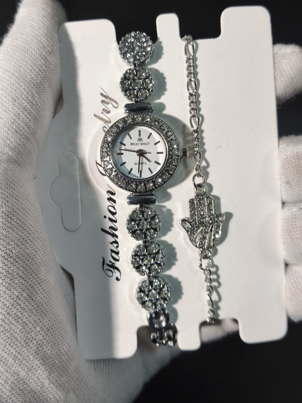 ست ساعت و دستبند دخترانه نگيني برند هولي مولي طرح دست