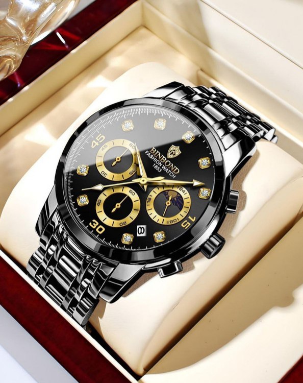 ساعت مچی مردانه کرنوگراف الماسی برند بین باند BIN BOND فول بلاک