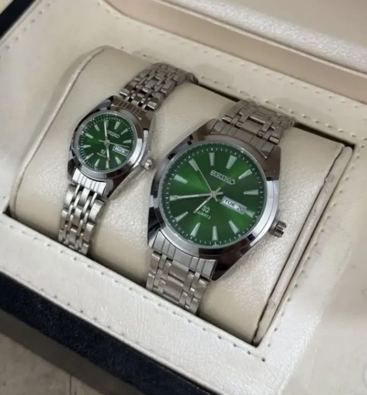 ست ساعت مچي زنانه و مردانه سيکو SEIKO دو تاريخه ژاپني صفحه سبز