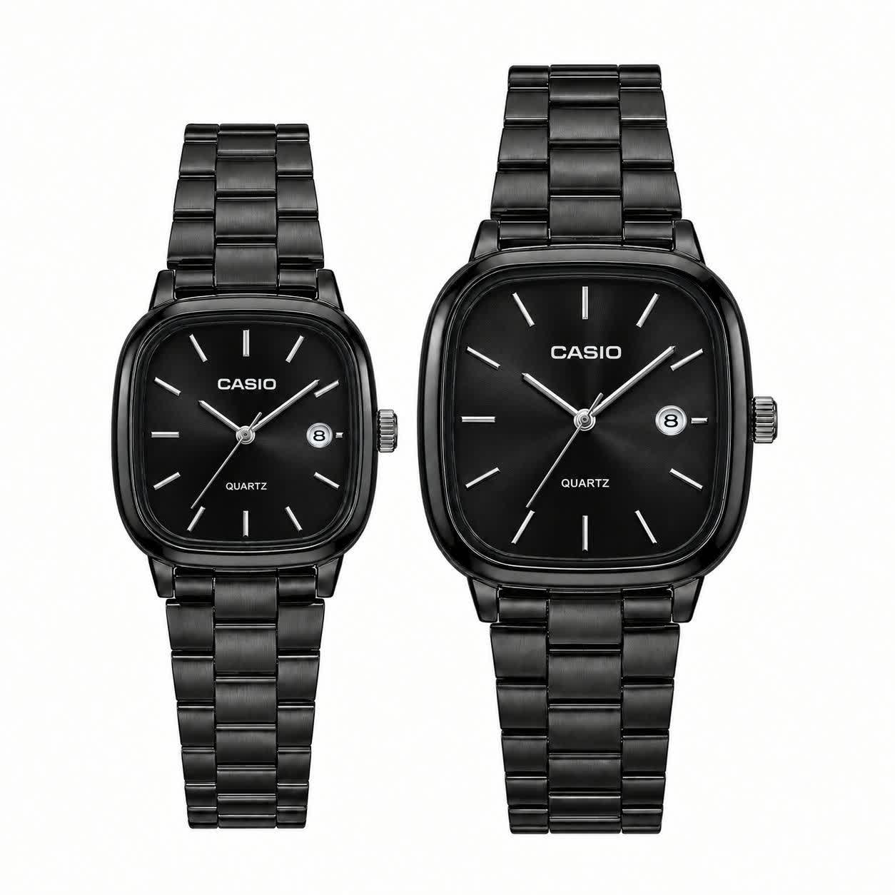 ست ساعت مچی زنانه و مردانه کاسیو اولدمانی CASIO موتور ژاپنی فول بلک + جعبه