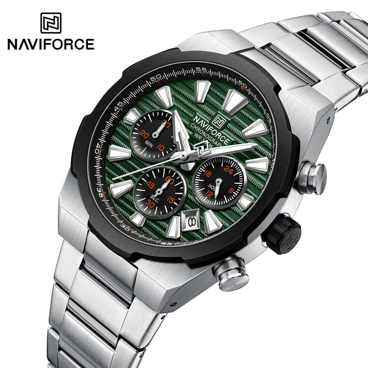 ساعت مچي کرنوگراف مردانه نيوي فورس NAVIFORCE مدل Nf8081 صفحه سبز موتور ژاپني
