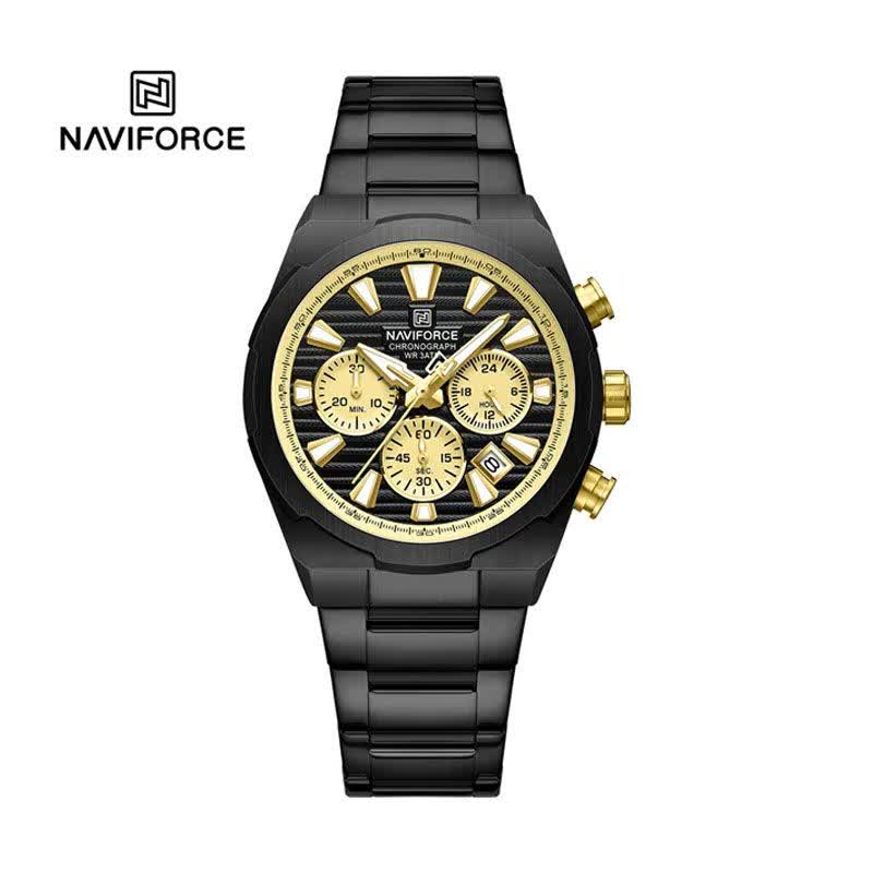 ساعت مچی نیوی فورس مردانه کرنوگراف NAVIFORCE مدل NF8081 مشکی طلایی