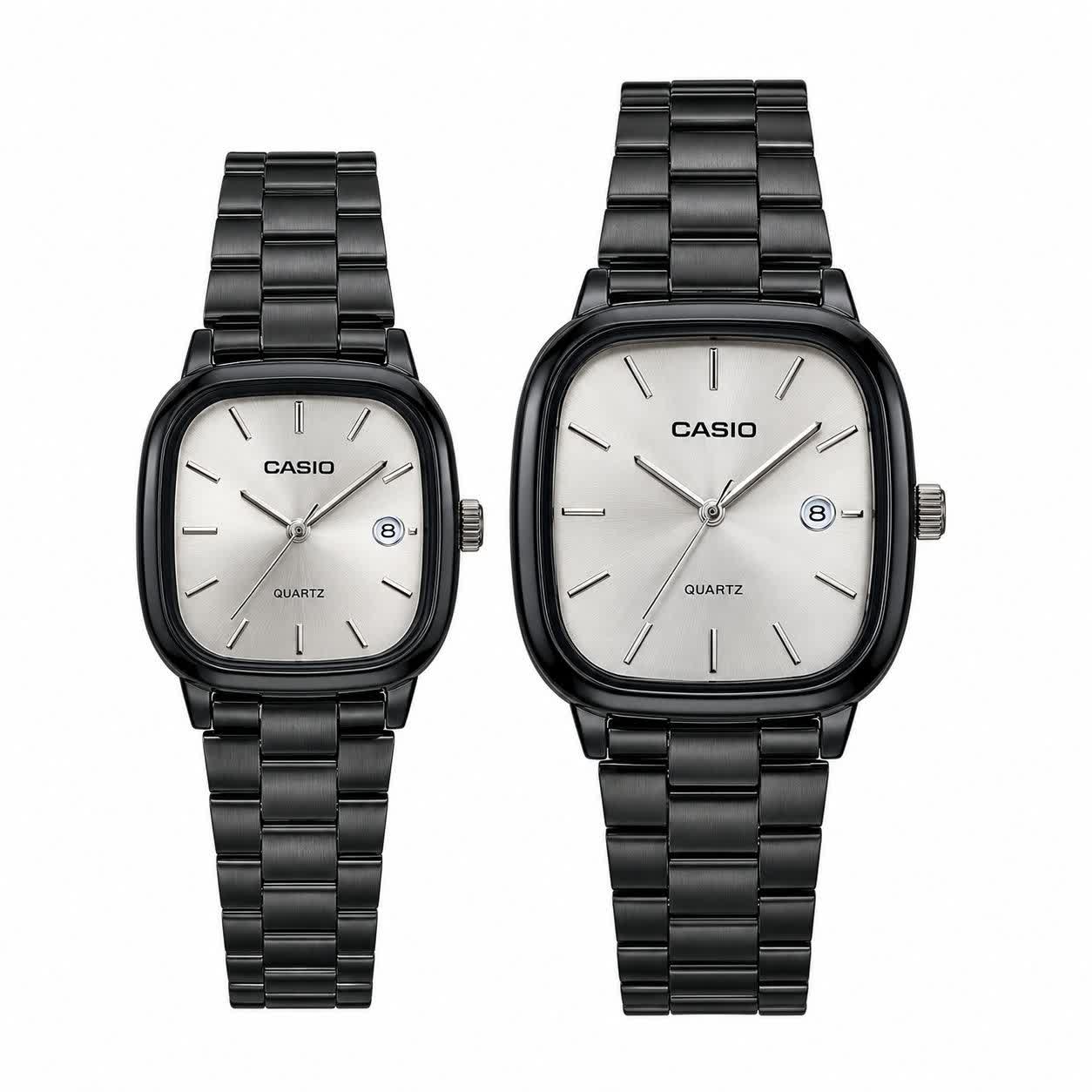 ست ساعت مچی زنانه و مردانه کاسیو اولدمانی CASIO موتور ژاپنی مشکی طوسی + جعبه