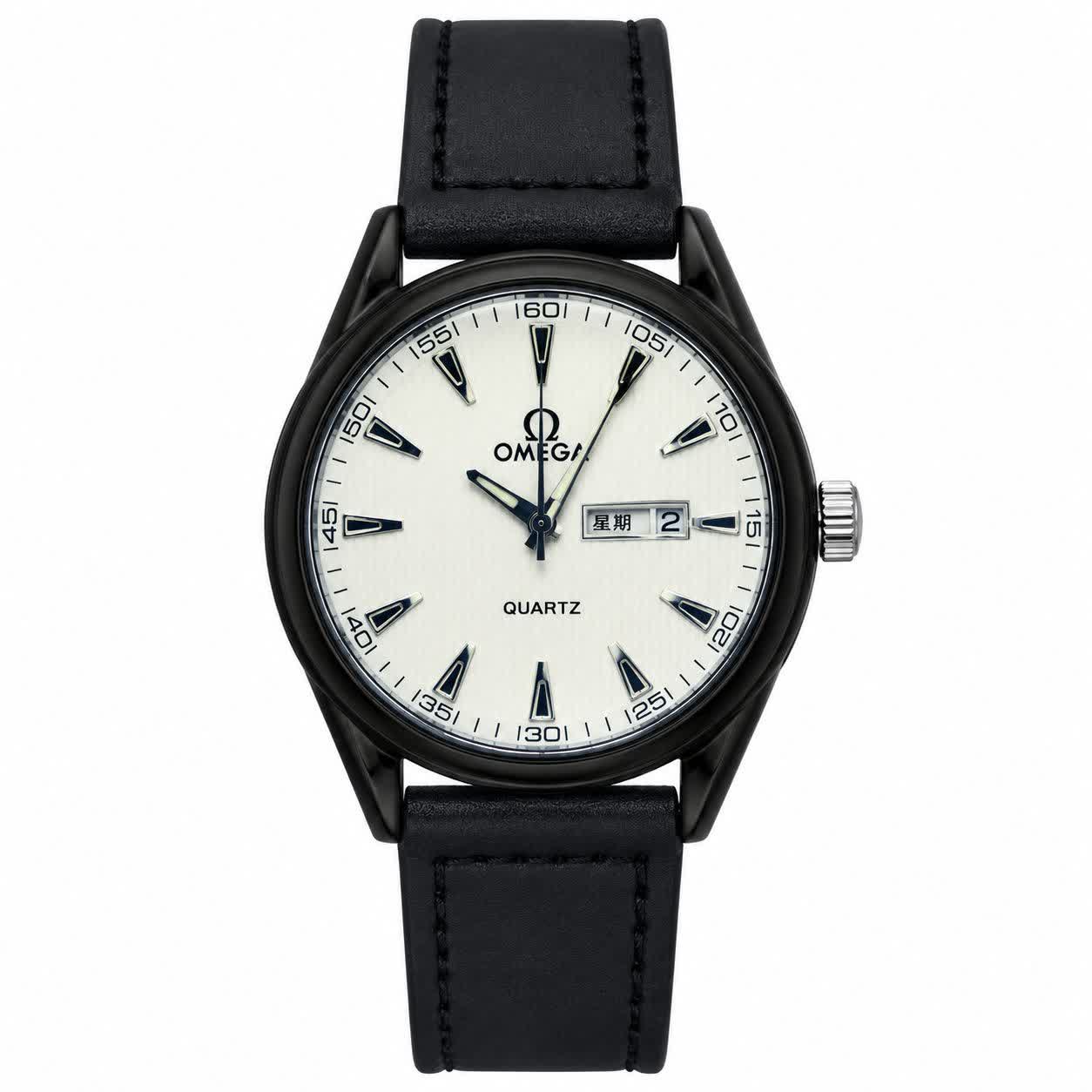 ساعت مچی مردانه امگا OMEGA چرم مشکی صفحه سفید