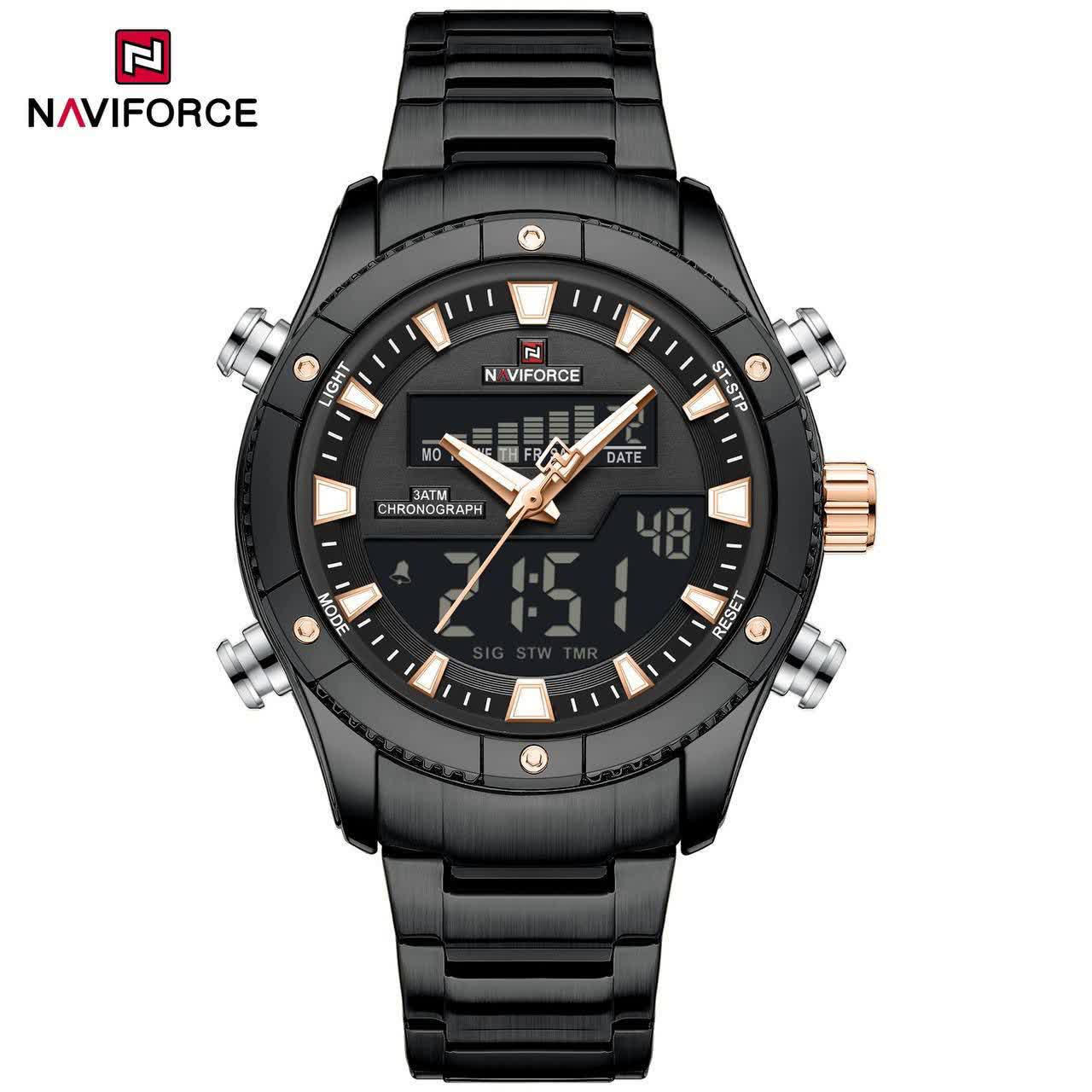 ساعت مچي مردانه عقربه اي  و ديجيتال نيوي فورس NAVIFORCE,مدل Nf9259 موتور ژاپني مشکي