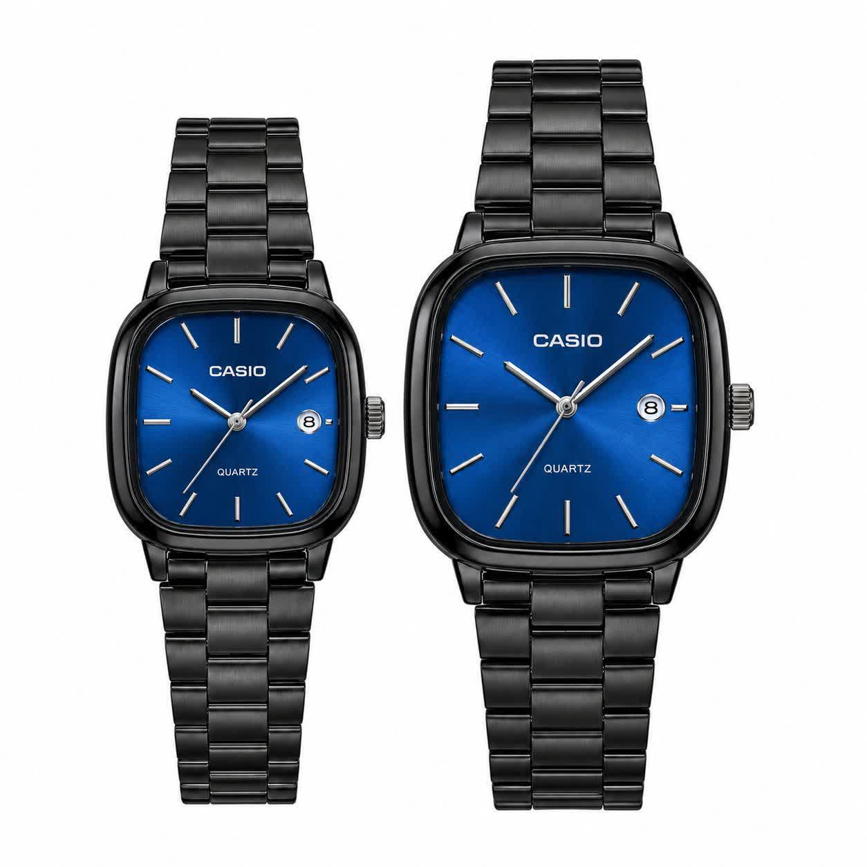 ست ساعت مچی زنانه و مردانه کاسیو اولدمانی CASIO موتور ژاپنی مشکی آبی + جعبه