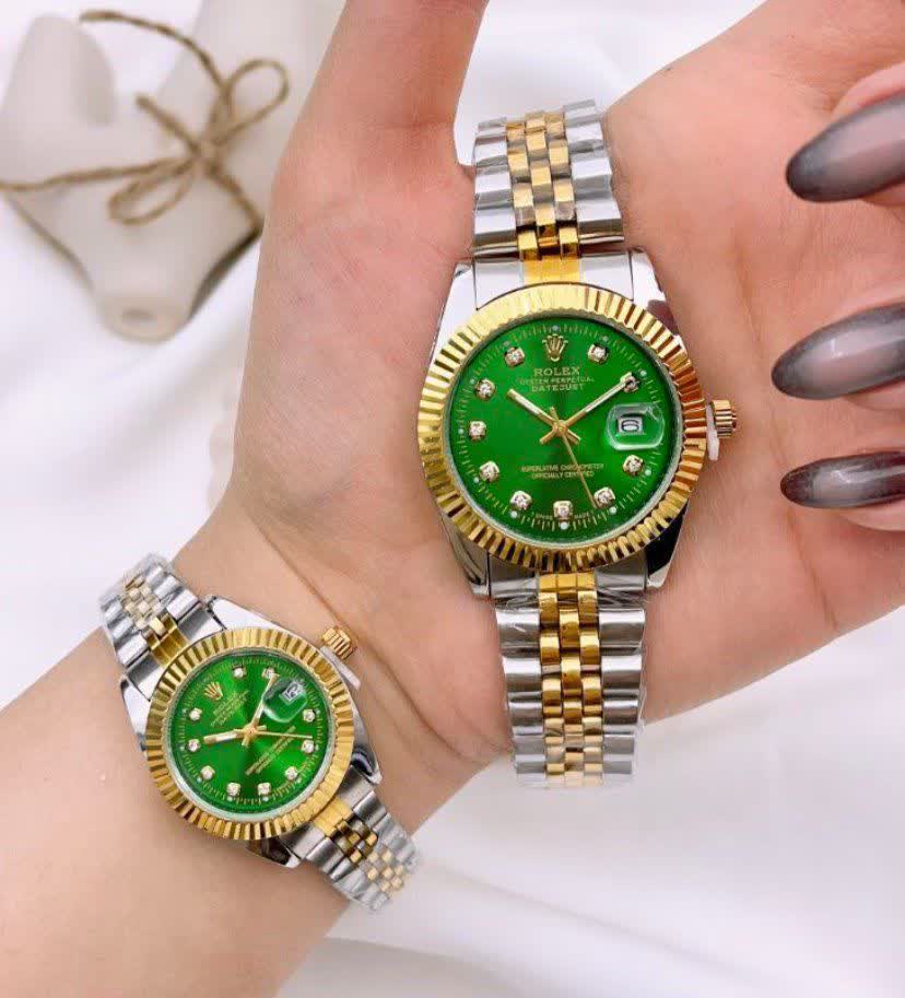 ست ساعت رولکس ديت جاست زنانه و مردانه ROLEX Date just رگه طلايی سبز