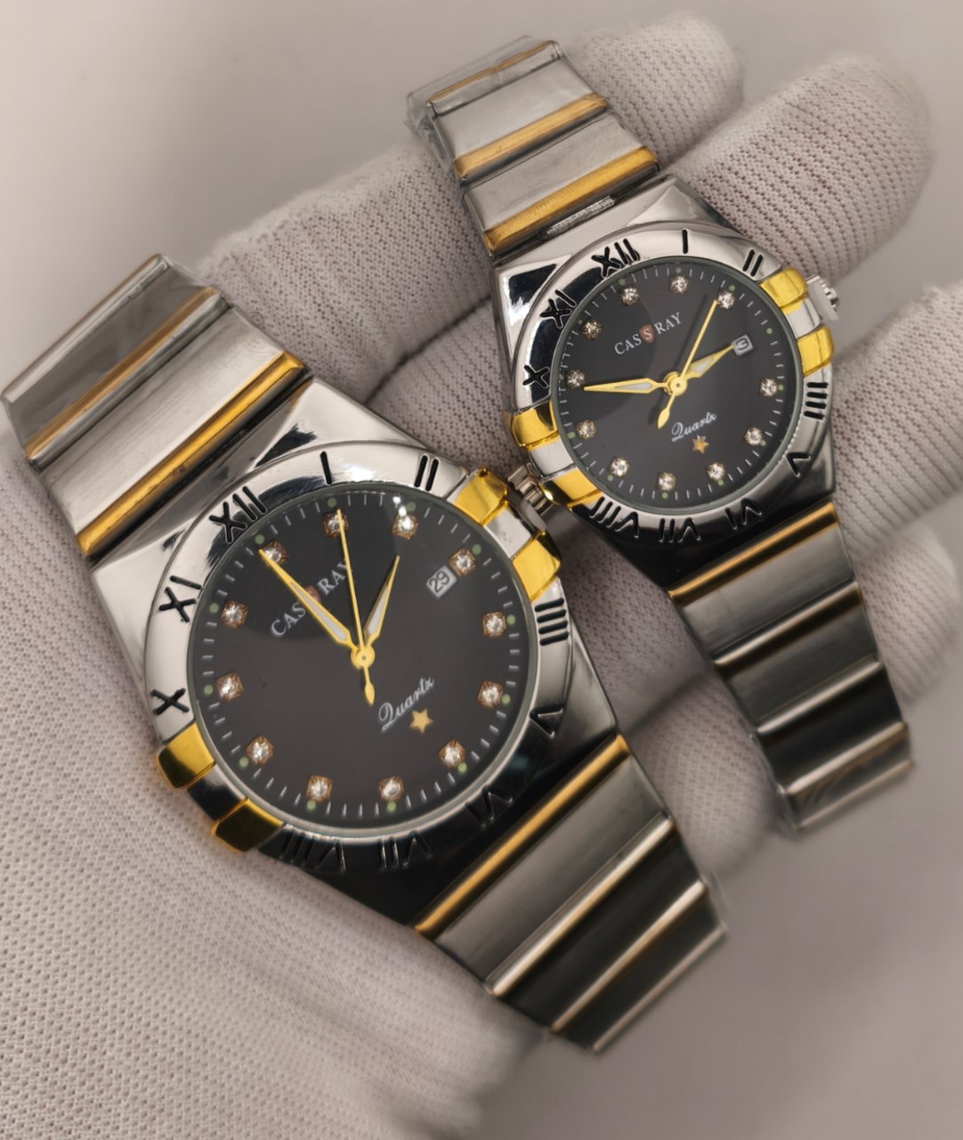 ست ساعت مچی مردانه و زنانه برند کسری طرح اُوگا CASSRAY بند استیل قفل پروانه ای