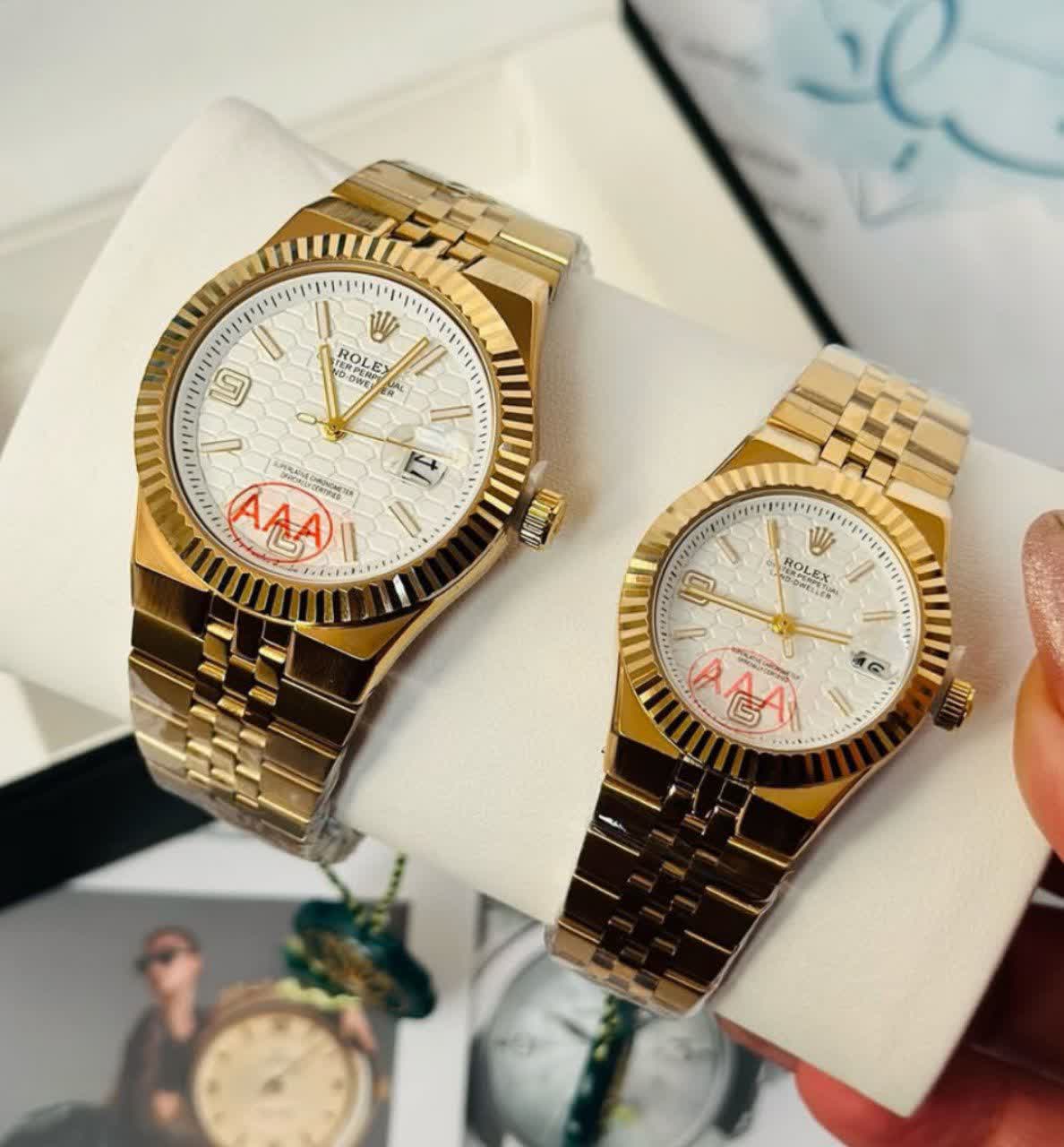 ست ساعت مچي زنانه و مردانه رولکس ROLEX موتور ژاپن بالاترين کيفيت طلايي