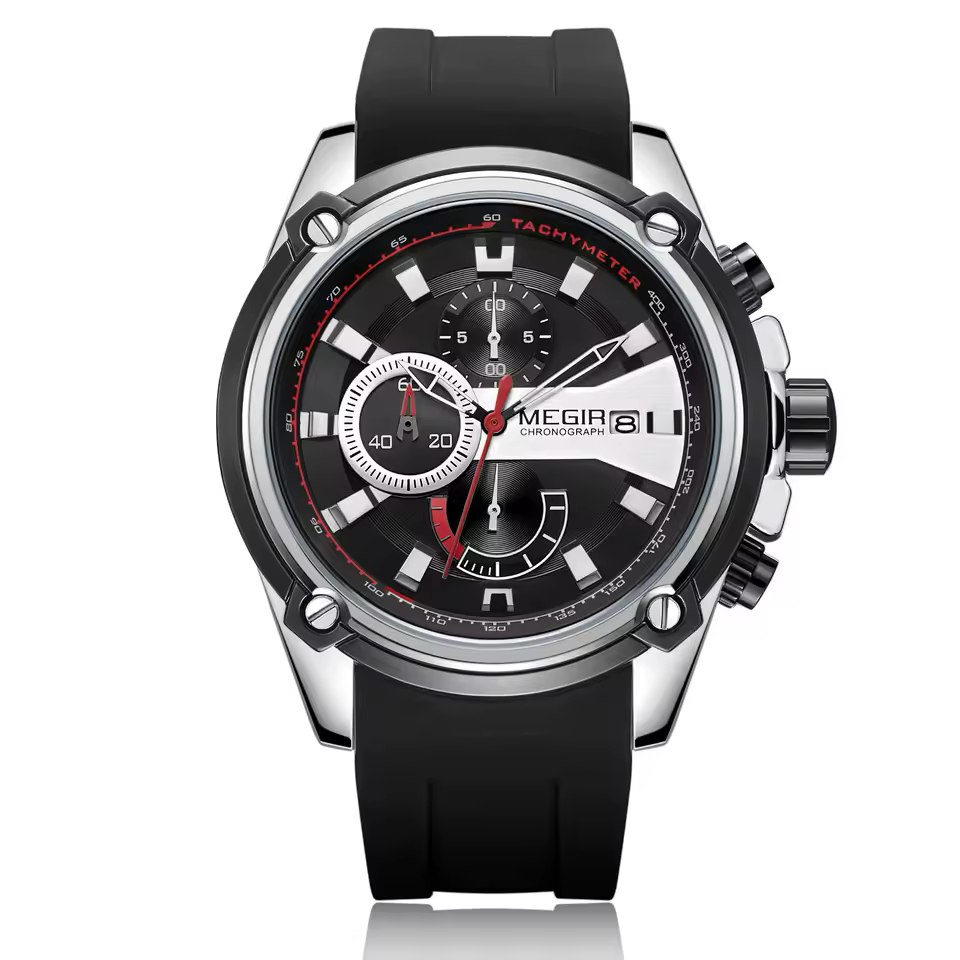 ساعت مچی کرنوگراف سه موتوره مردانه مگیر Megir مدل MN2086GBK-1 بند رابر