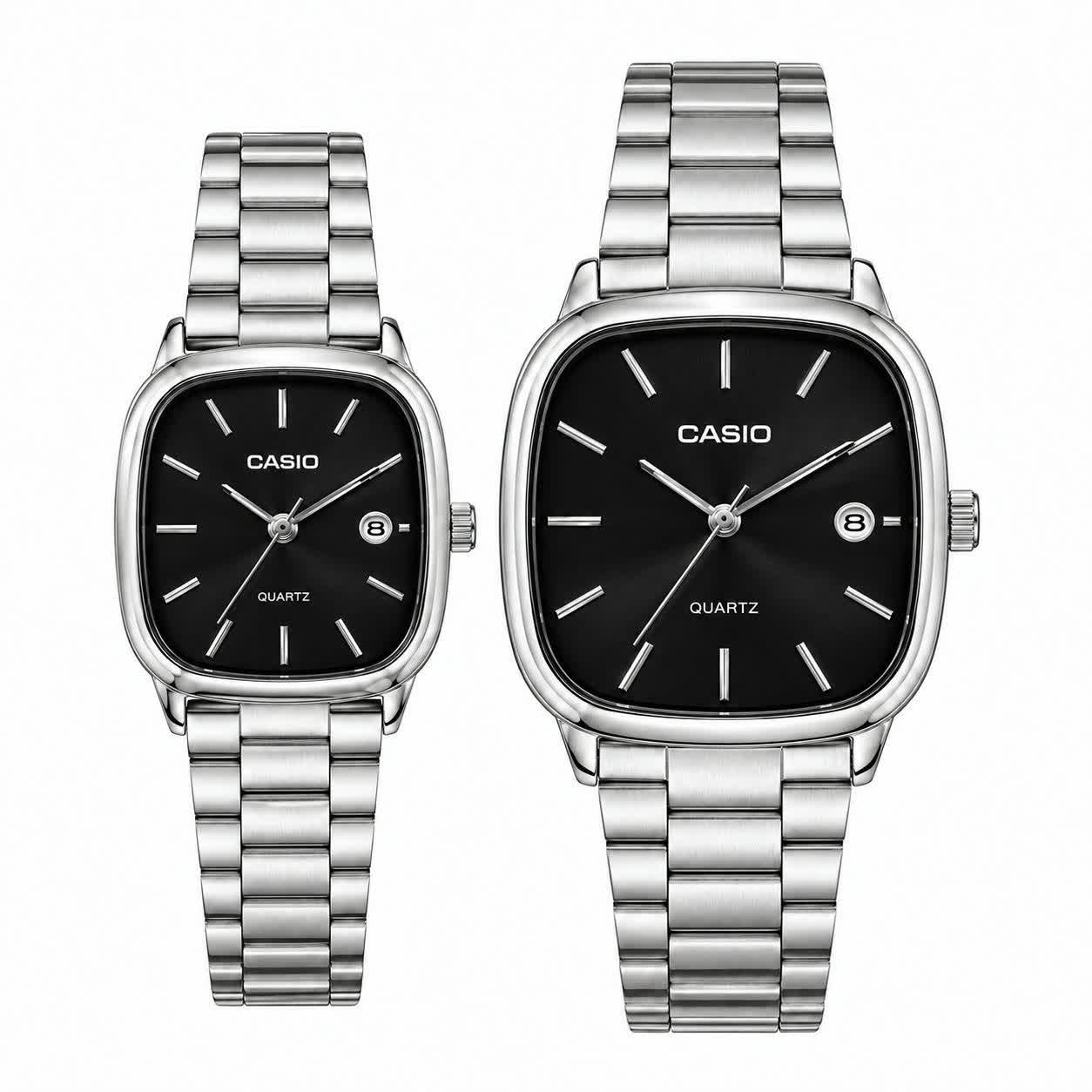 ست ساعت مچی زنانه و مردانه کاسیو اولدمانی CASIO موتور ژاپنی صفحه مشکی + جعبه
