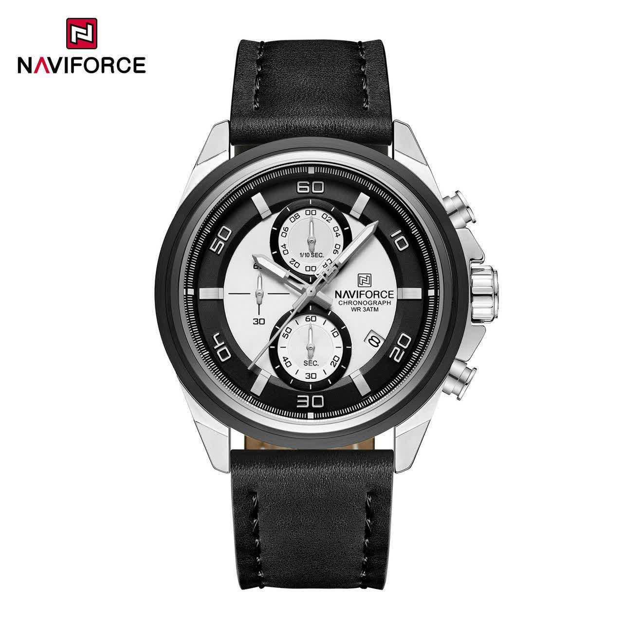 ساعت مچی کرنوگراف مردانه نيوی فورس NAVIFORCE مدل Nf8075 ژاپن مشکی سفيد