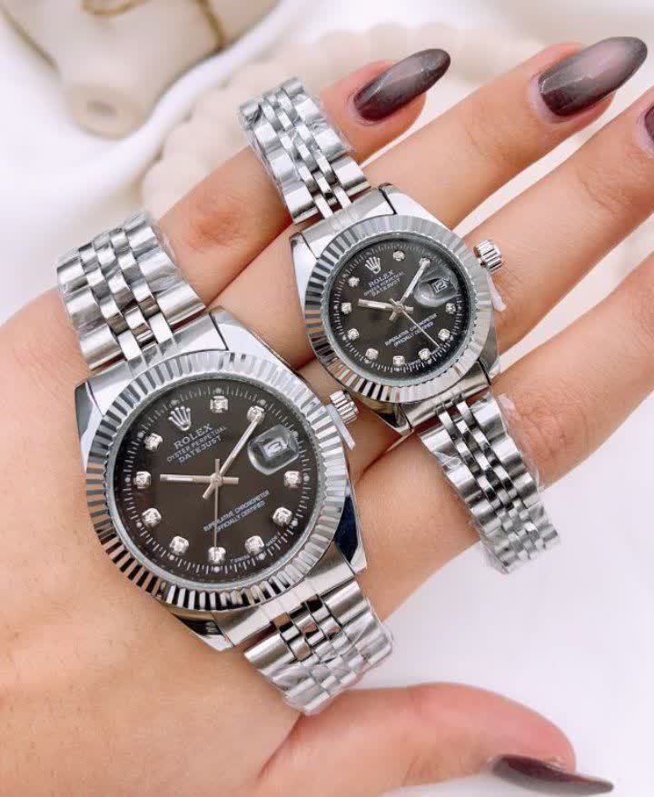 ست ساعت رولکس ديت جاست زنانه و مردانه ROLEX Date just رگه نقره ای مشکی