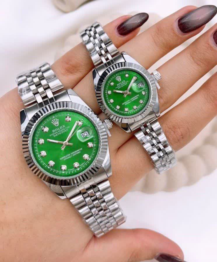 ست ساعت رولکس ديت جاست زنانه و مردانه ROLEX Date just رگه نقره ای سبز